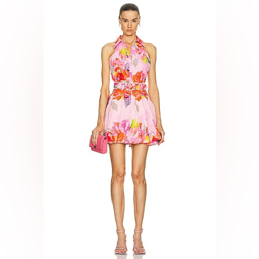 HEMANT & NANDITA Pink Floral Halter Mini Dress with Multicolor Print